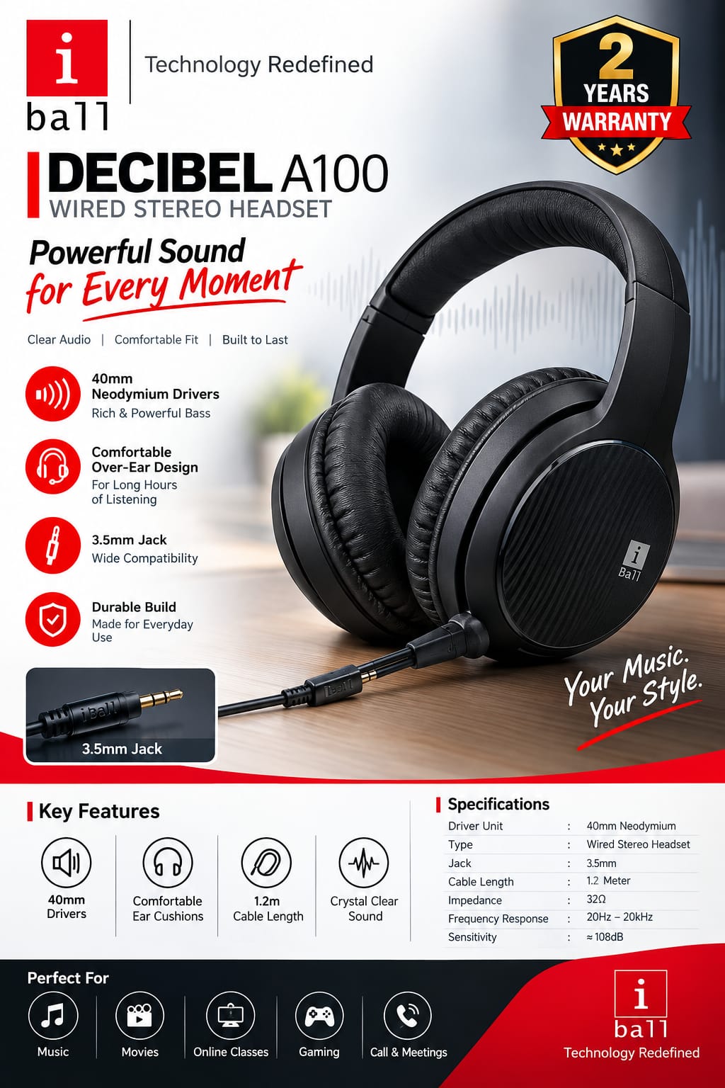 i BALL DECIBEL  A 100 WIRED STEREO HEADSET